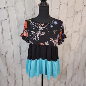 Turquoise Blue and Black Color Block Floral‎ Tiered Babydoll Ruffle Sleeve Top M
